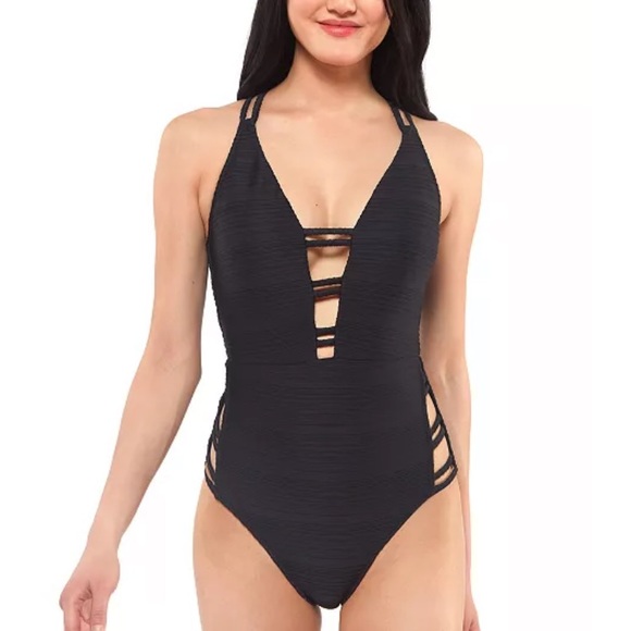 Jessica Simpson Swimsuit Ribbed Plunge Strappy Barbie Pink Small - Picture 3 of 9